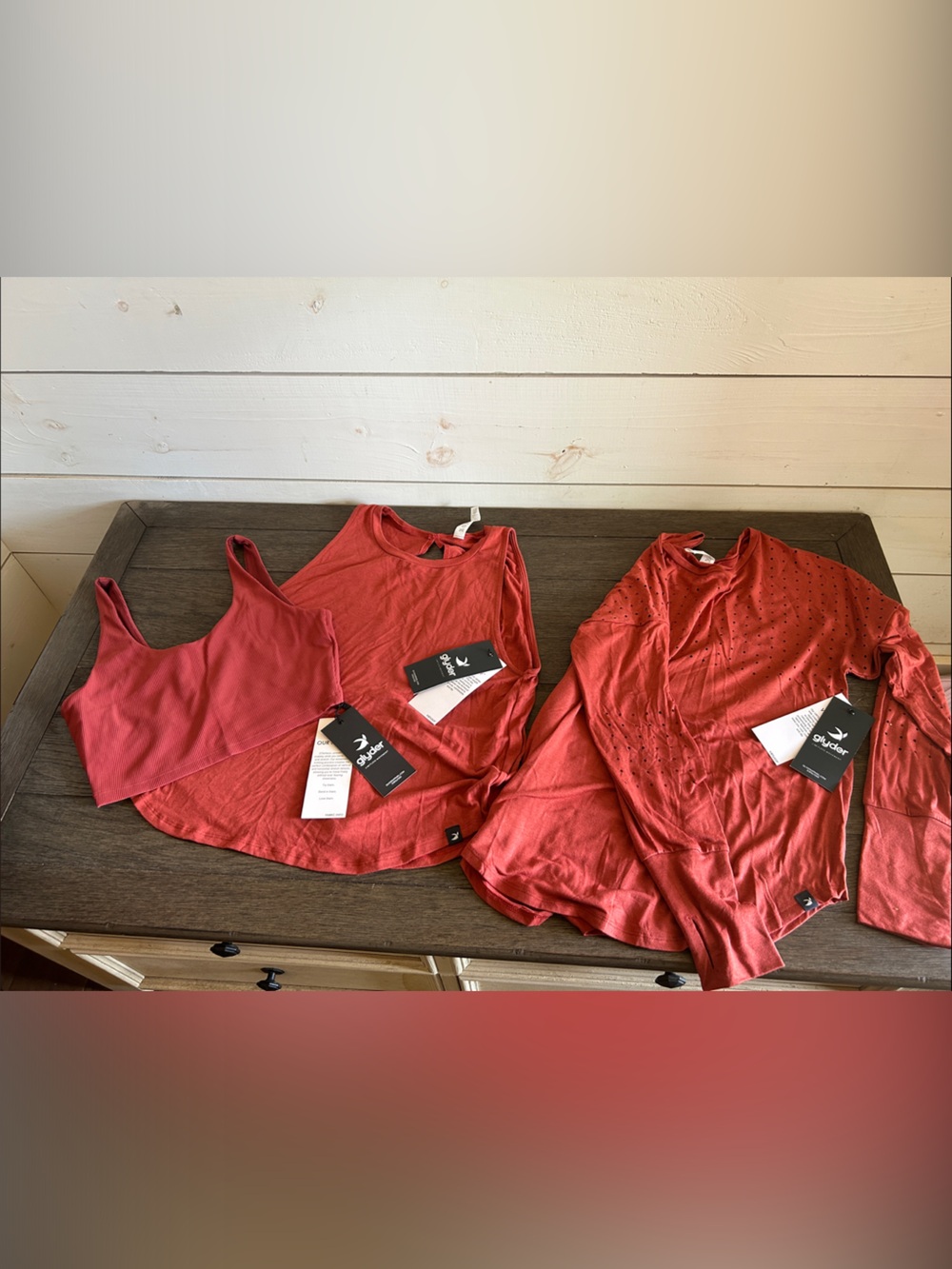 Glyder Brick Red 3-Piece Active Top Set - Sports Bra, Tank, Long Sleeve